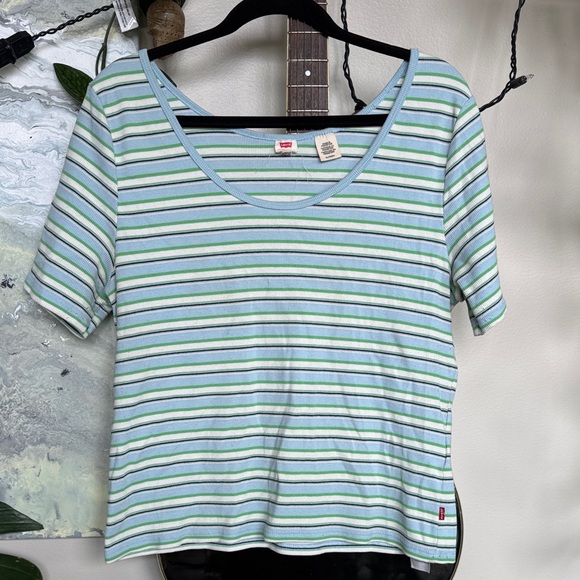 Levi's Women's Short Sleeve Striped Tee - Blue and Green - Picture 1 of 6